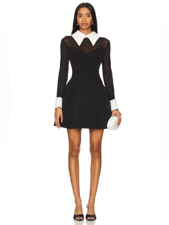 Bronx & Banco Wednesday Whitecollar Cuffsleeves Blacki Mesh Mini Dress M Nwot
